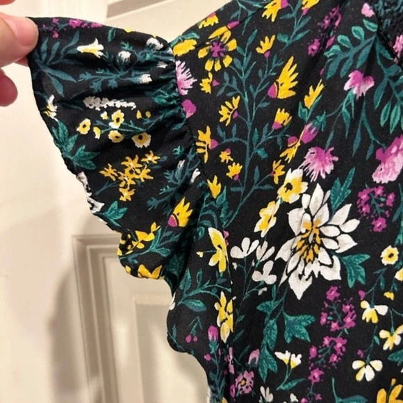 Old Navy Flutter Sleeves Black‎ Floral Dress Green Yellow Purple Flowers Large - Picture 3 of 6